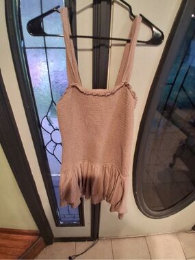 American Eagle Outfitters Beige Smocked Ruffle-Hem Camisole